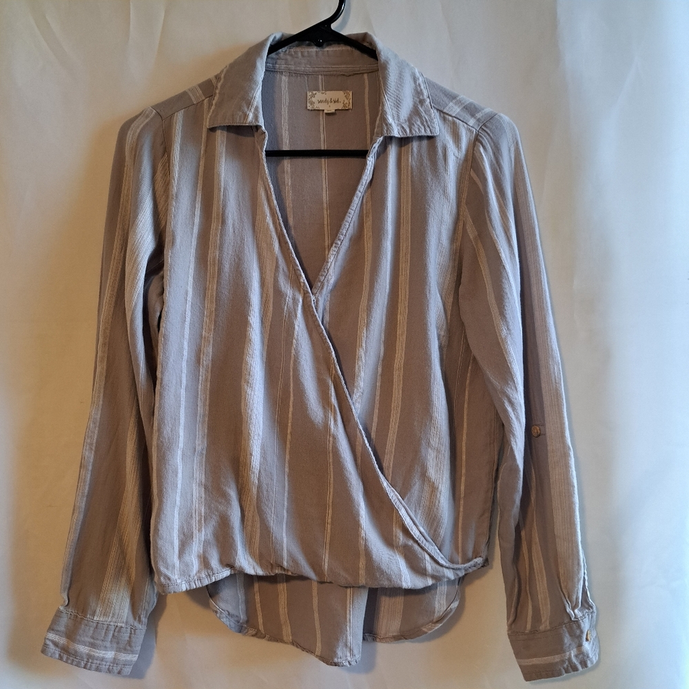 Anthropologie Sandy And Sid Women's Gray Striped Faux Wrap Shirt Size S